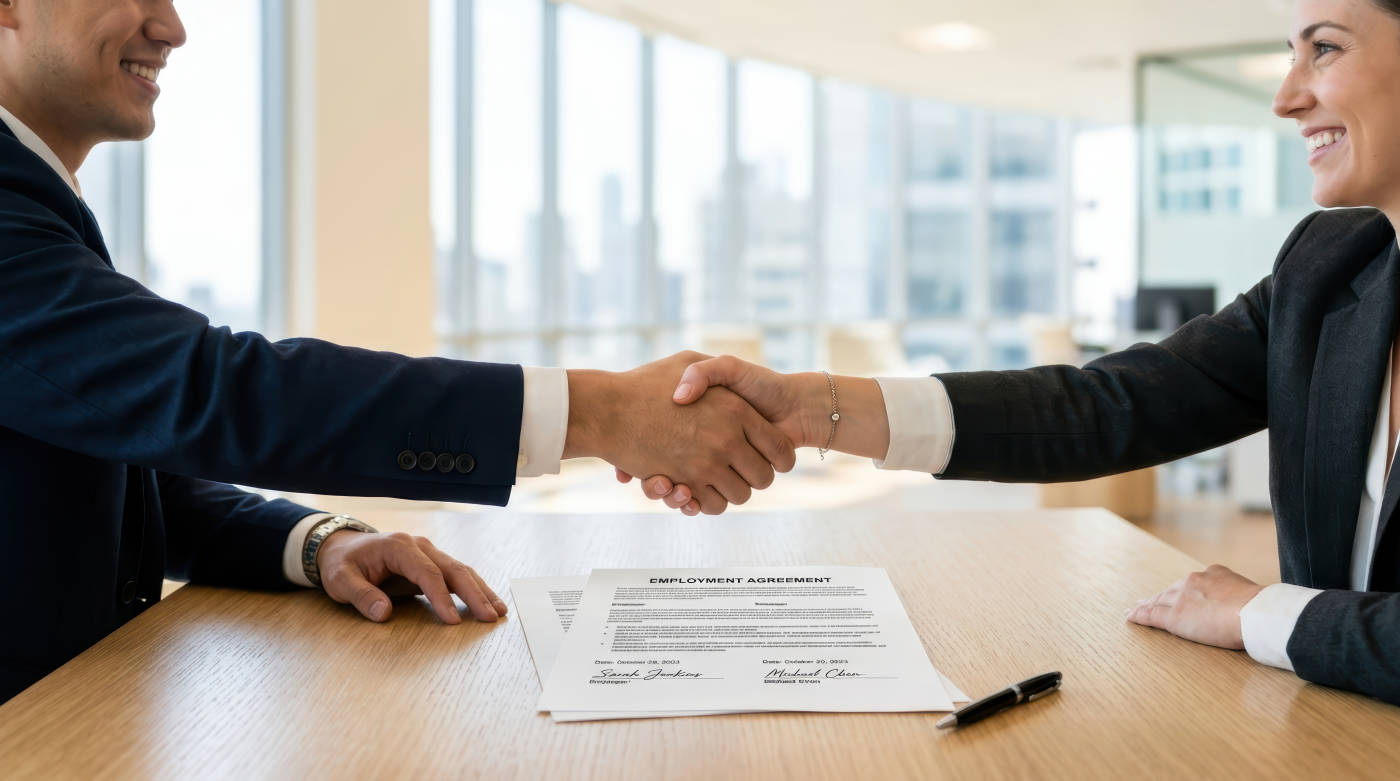 Handshake after signing of employment contract