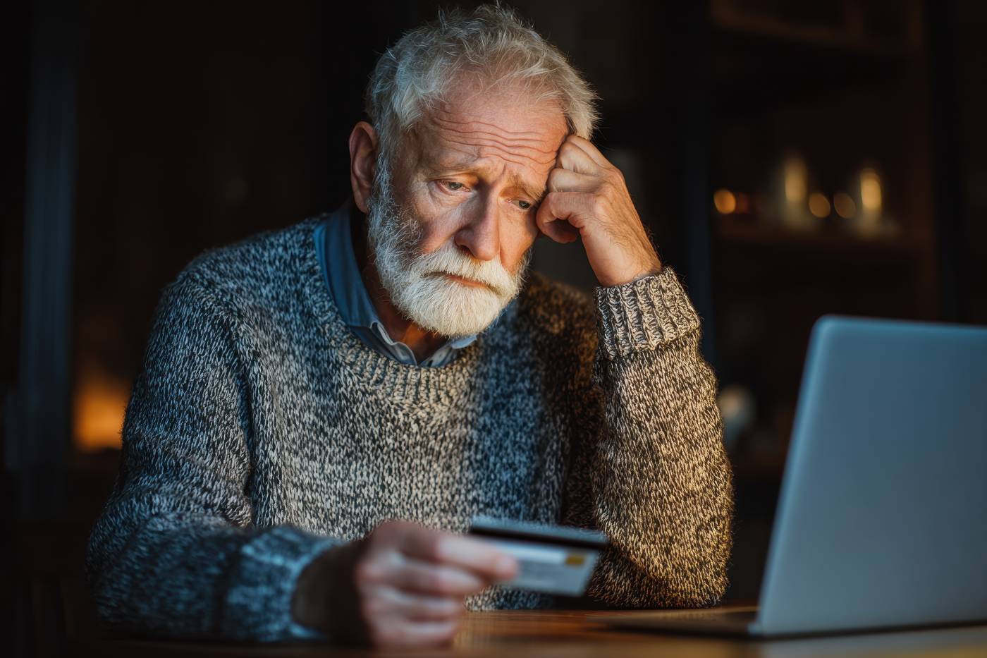 Old man sad after financial fraud