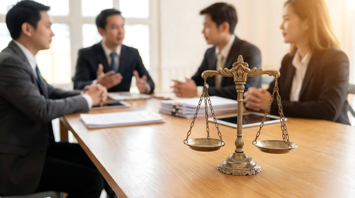 Group of Attorney on table with scale of Justice