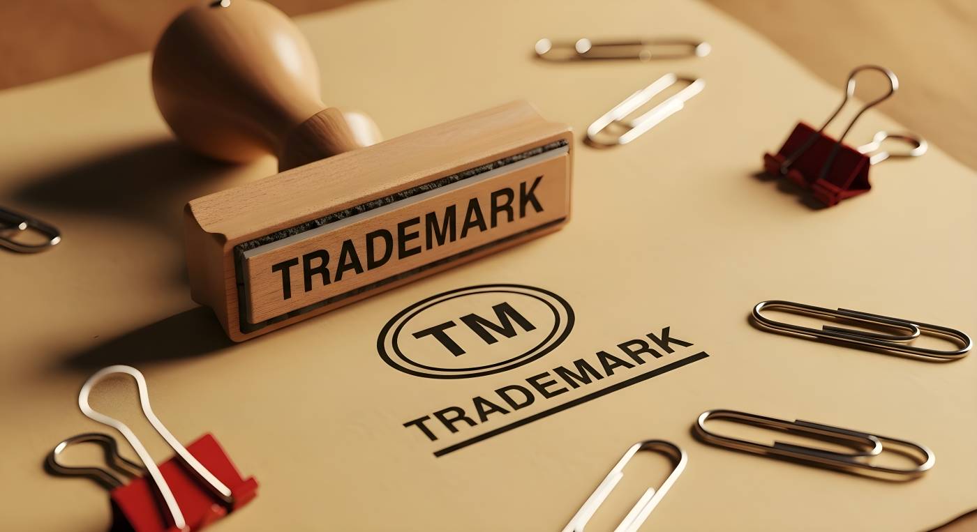 Trademark Registration: Wooden stamp and paper with TM symbol