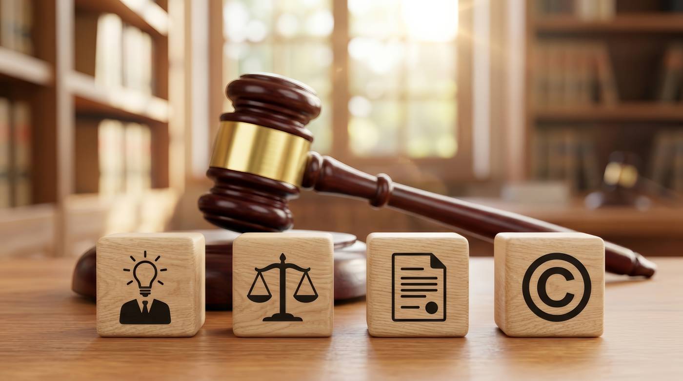 Gavel and wooden blocks with related icons to IP protection