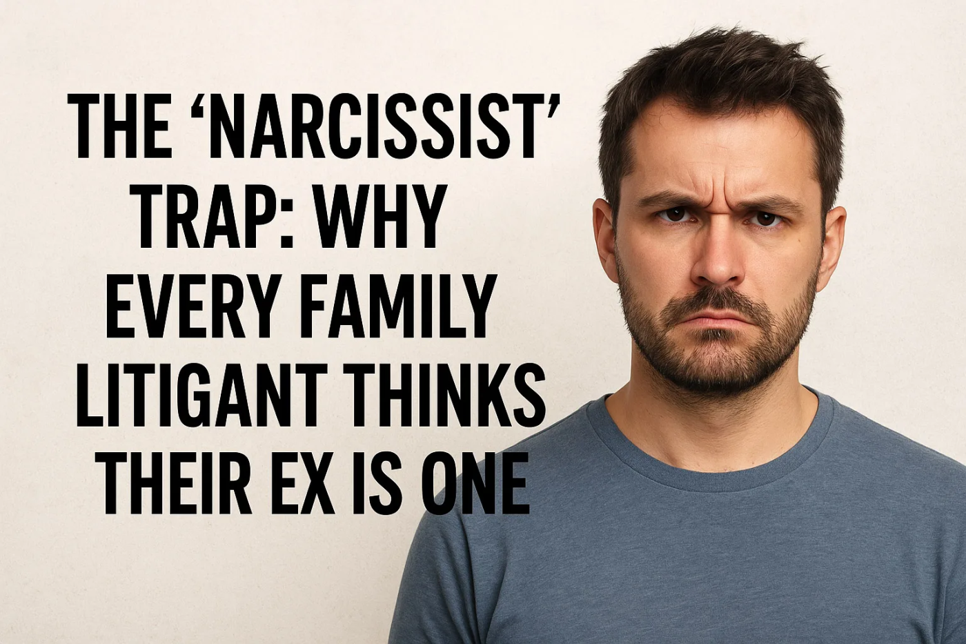 upset man and text reading The “Narcissist” Trap: Why Every Family Litigant Thinks Their Ex Is One