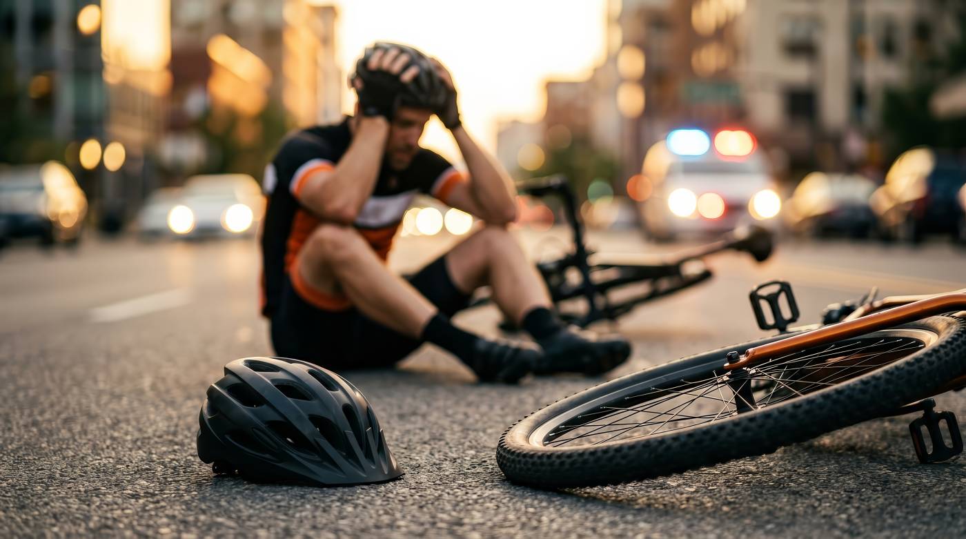 man on the ground head in hands with wrecked bike