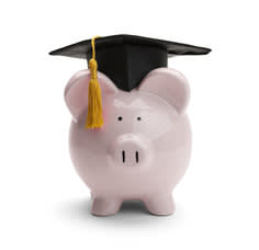 Piggy Bank wearing a graduation cap