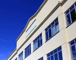 View of windows and top of a large building