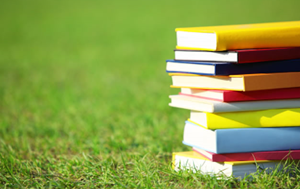 stack of colorful books on grass