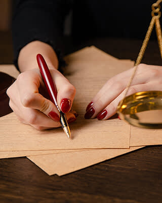 Young lawyer woman sitting at table and writing something by pen, lawyer woman with bright red nails working in office