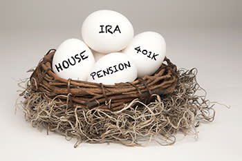 Nest with IRA, House, 401K, and Pension eggs