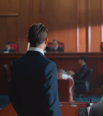 Attorney defending client in courtroom