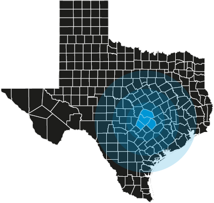 Texas map with southeastern counties highlighted