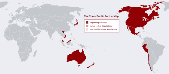 Map depicting the Trans-Pacific Partnership highlighting countries negotiated, invited to join the negotiations, and interested in joining the negotiations