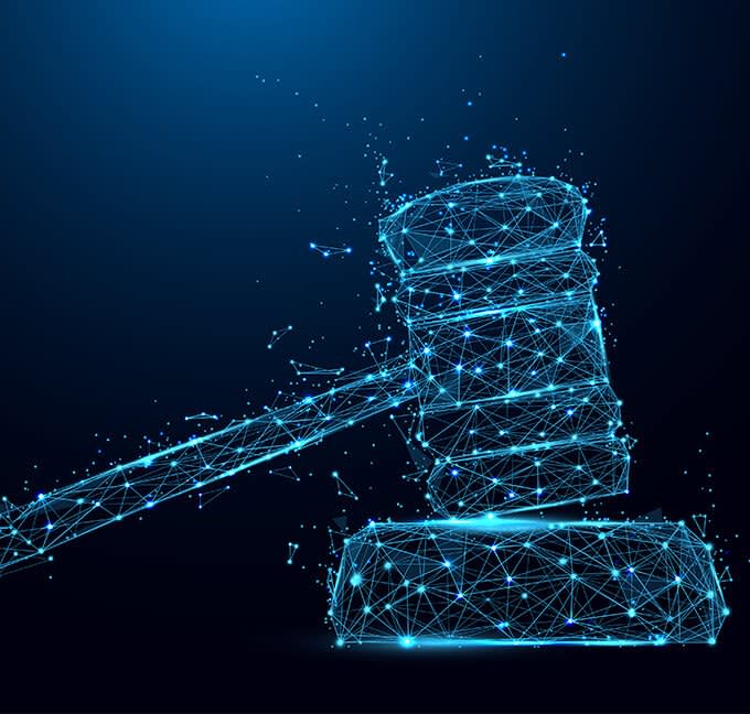 Modern blue background with gavel and hitting block