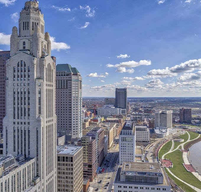 Columbus Ohio skyline under a blue sky