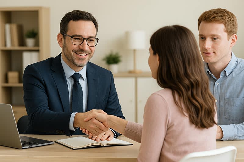 An attorney shaking hands with a woman who is a client