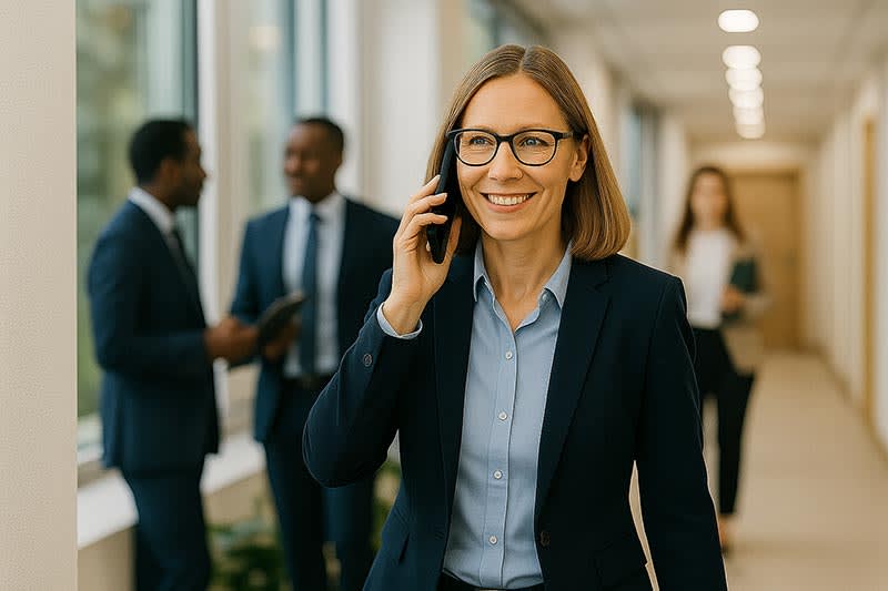 An attorney walking down a busy hall while talking on her phone