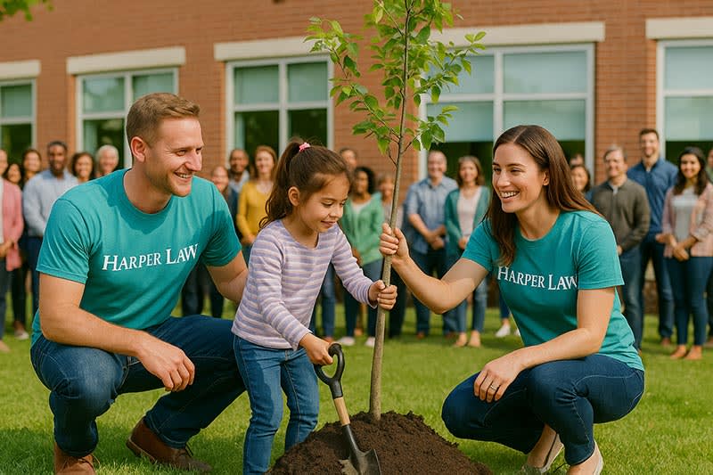 A man and a woman helping a child plant a tree in front of a school