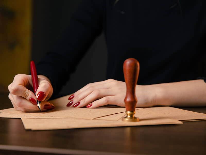 Woman writing on documents with a notary stamp nearby