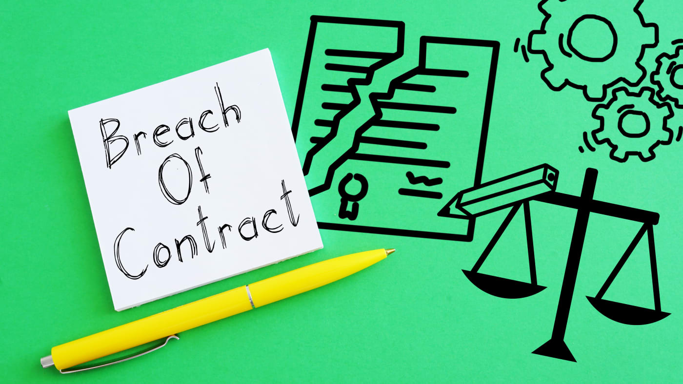 Breach of contract text and gavel icon