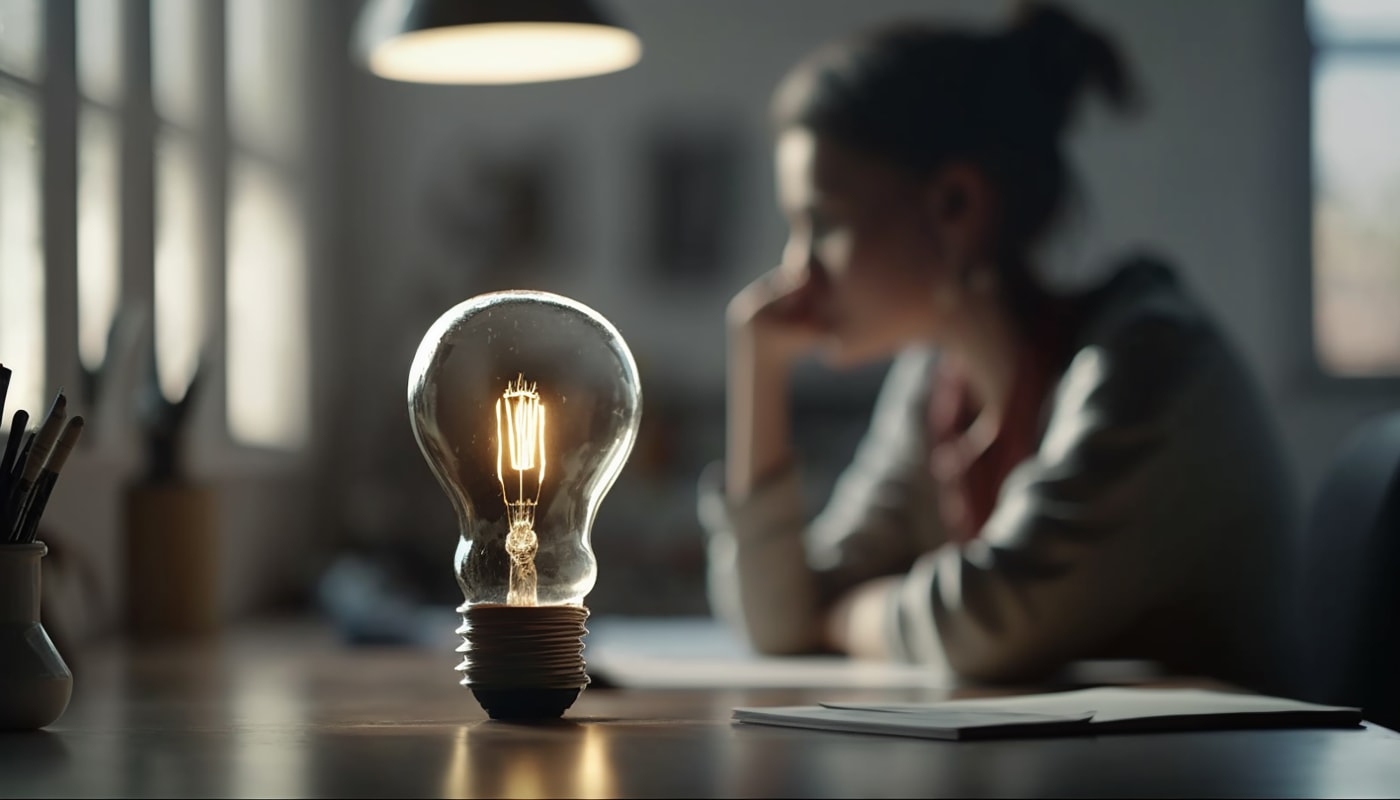 Glowing light bulb and women thinking in background