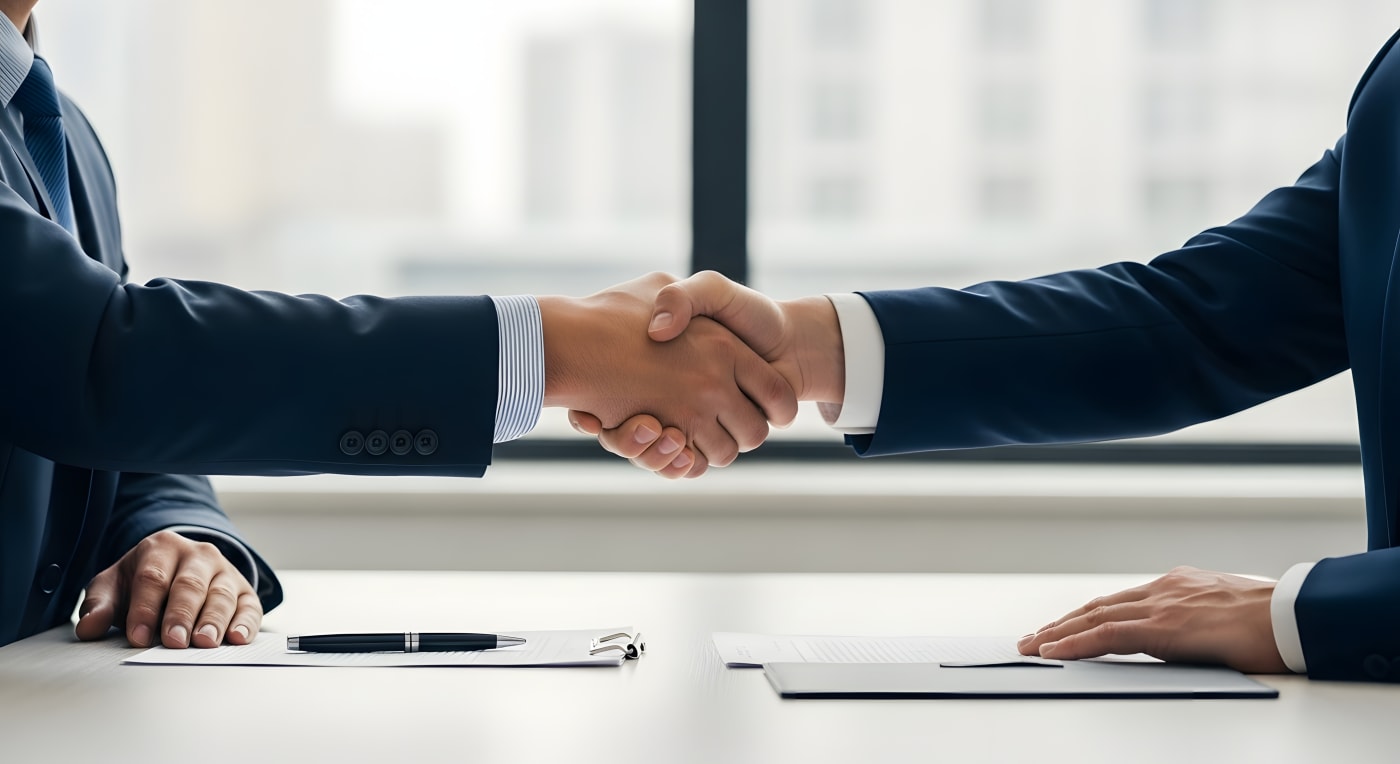 Businessmen shaking hand after partnership agreement