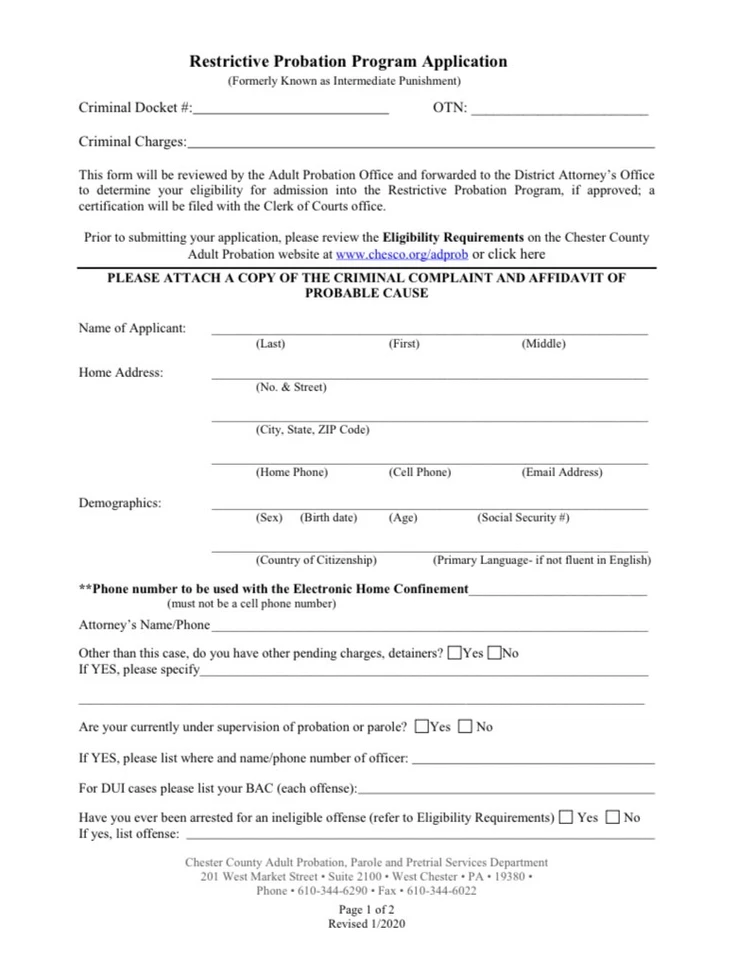 Restrictive Probation Program Application