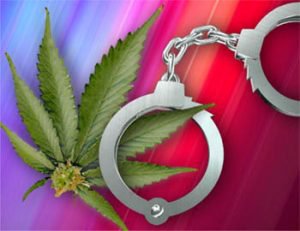 marijuana leaf and handcuffs