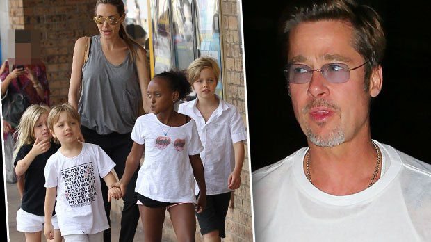 Brad Pitt Looking Unhappy While Angelina Jolie Walks with Their Kids