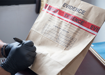 Person in gloves writing on bag labeled evidence