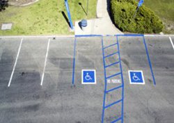 Parking lot with areas marked off for handicap parking spots