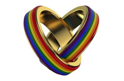 Pride Flag pattern on two rings in a heart formation