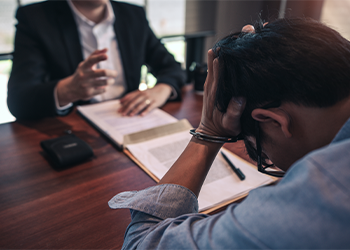 Person in handcuffs sitting across desk from person in suit