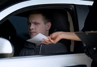 Police woman giving fine receipt to driver on road.