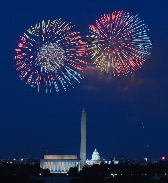 Fireworks at night over the Washington Monument