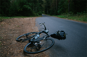 Bicycle laying on its side in the street surrounded by trees