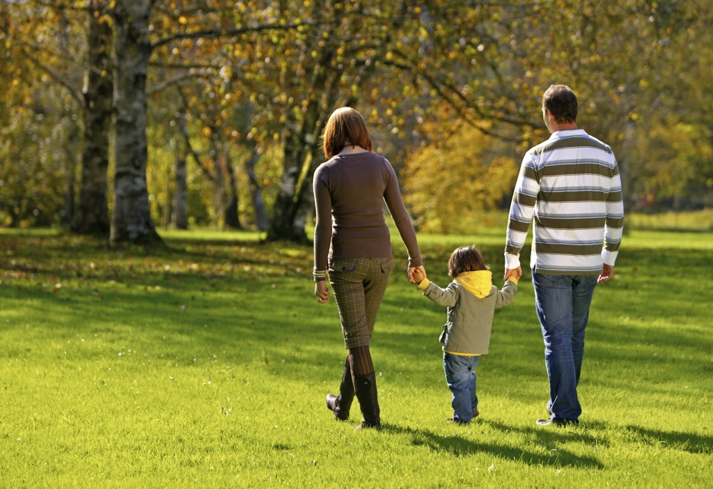 Parents holding hands with their child in a park.