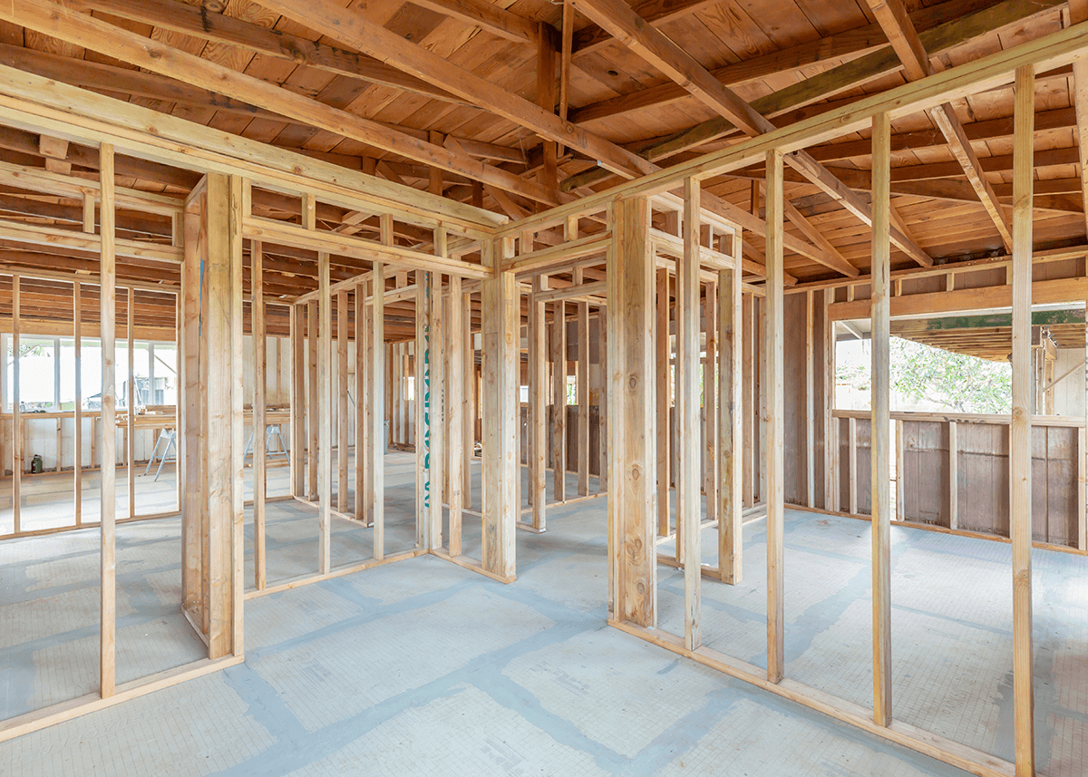 The wooden framework of a house