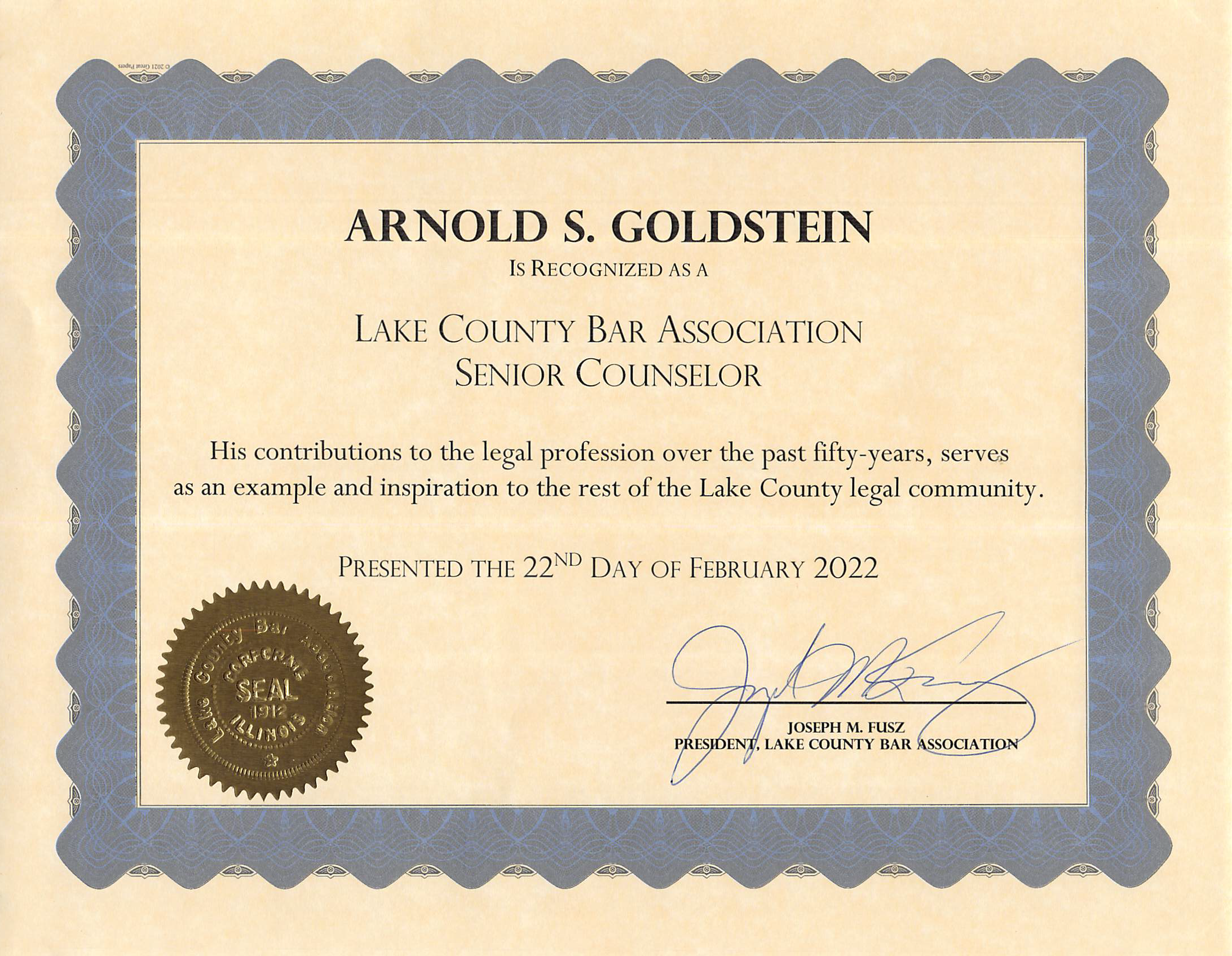 Lake County Bar Association Senior Counselor Award