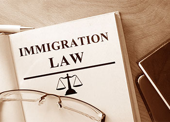 Book with words Immigration Law and glasses