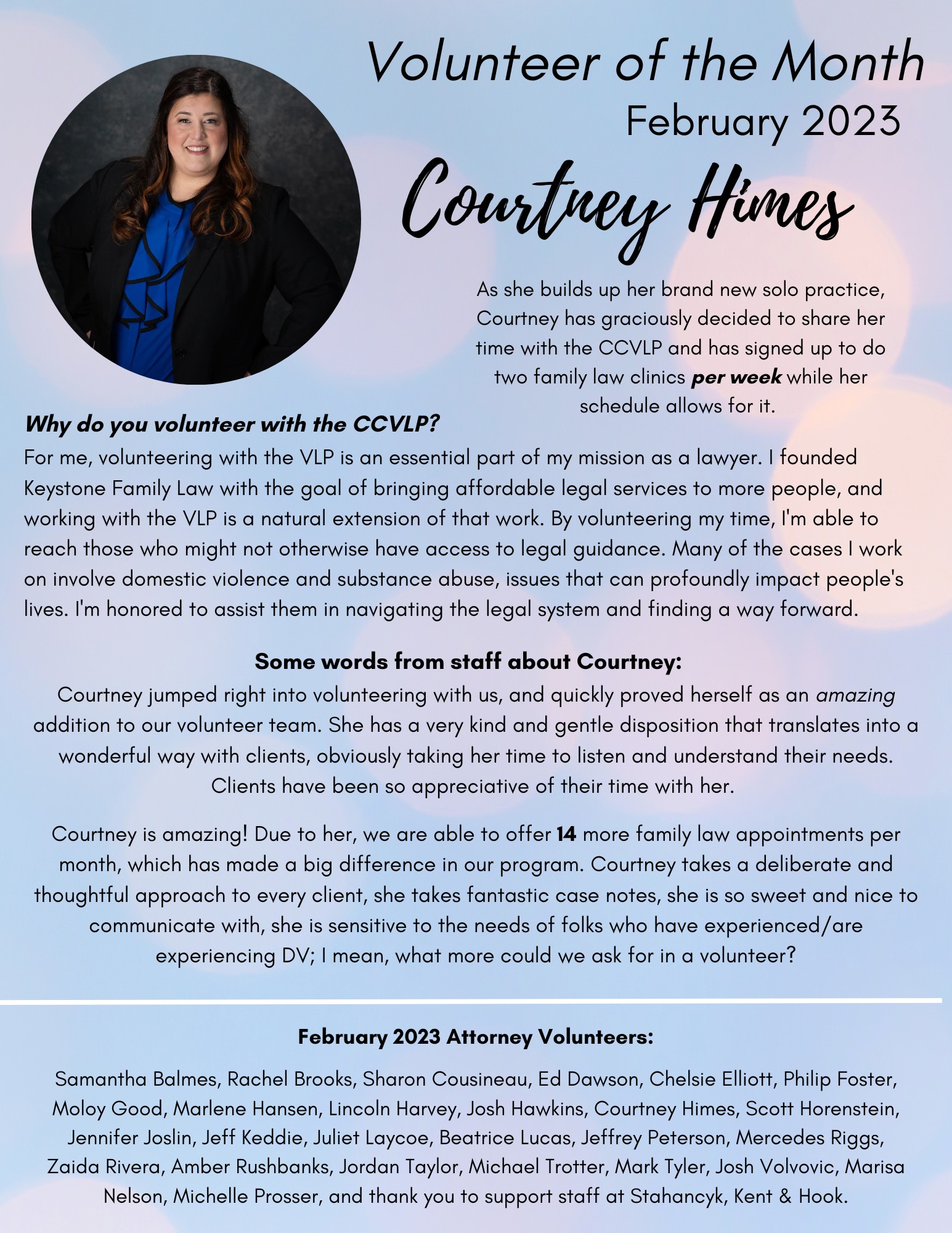 Courtney Himes Volunteer of the Month newsletter