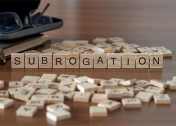 Subrogation word or concept represented by wooden letter tiles 