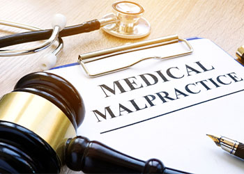 Documents about medical malpractice on clipboard with gavel 