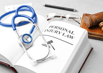 Book with words PERSONAL INJURY LAW and stethoscope 