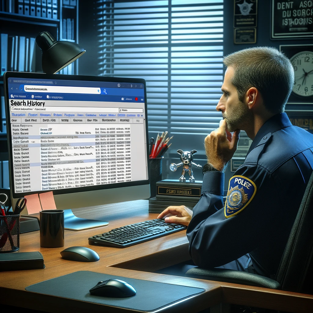  police officer is examining someone's search history on a computer