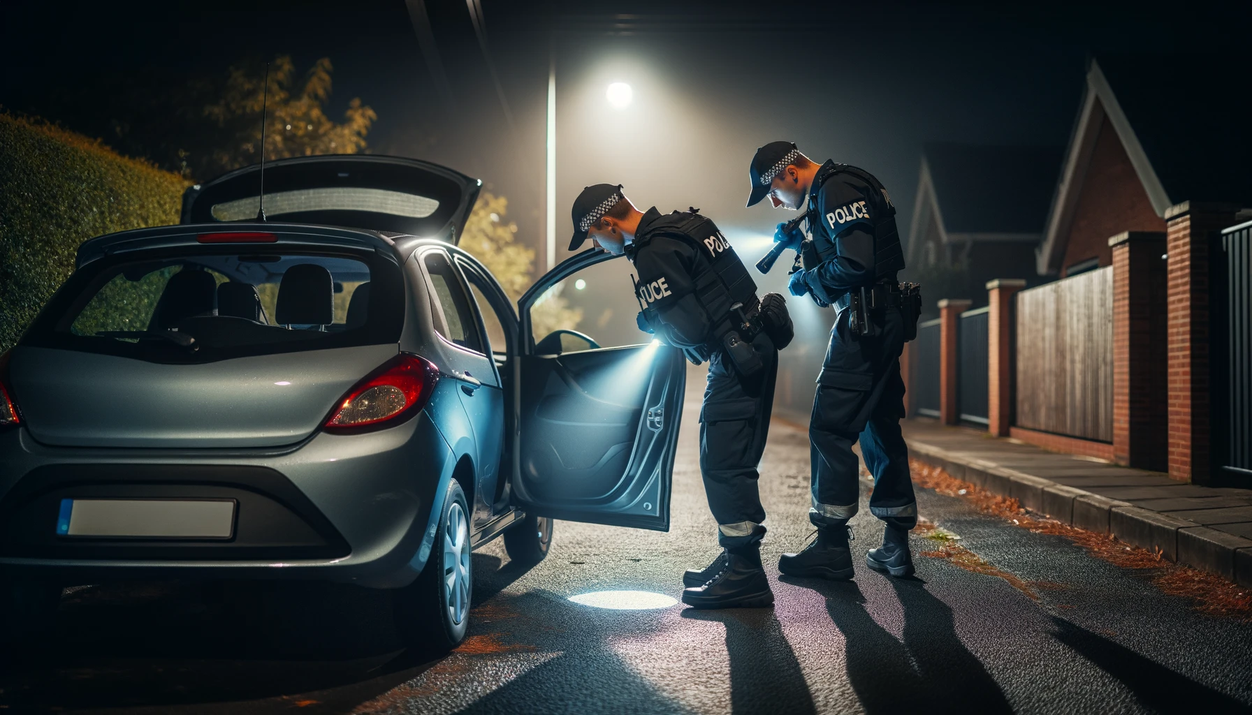 police officers in uniform conducting a search on a parked car