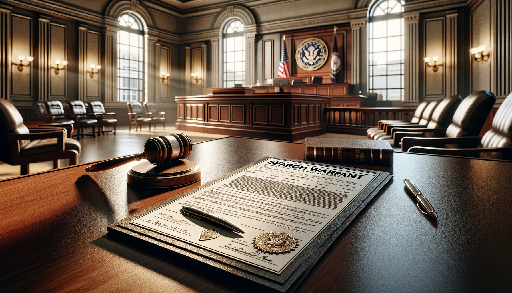 a search warrant lying on a polished wooden courtroom table