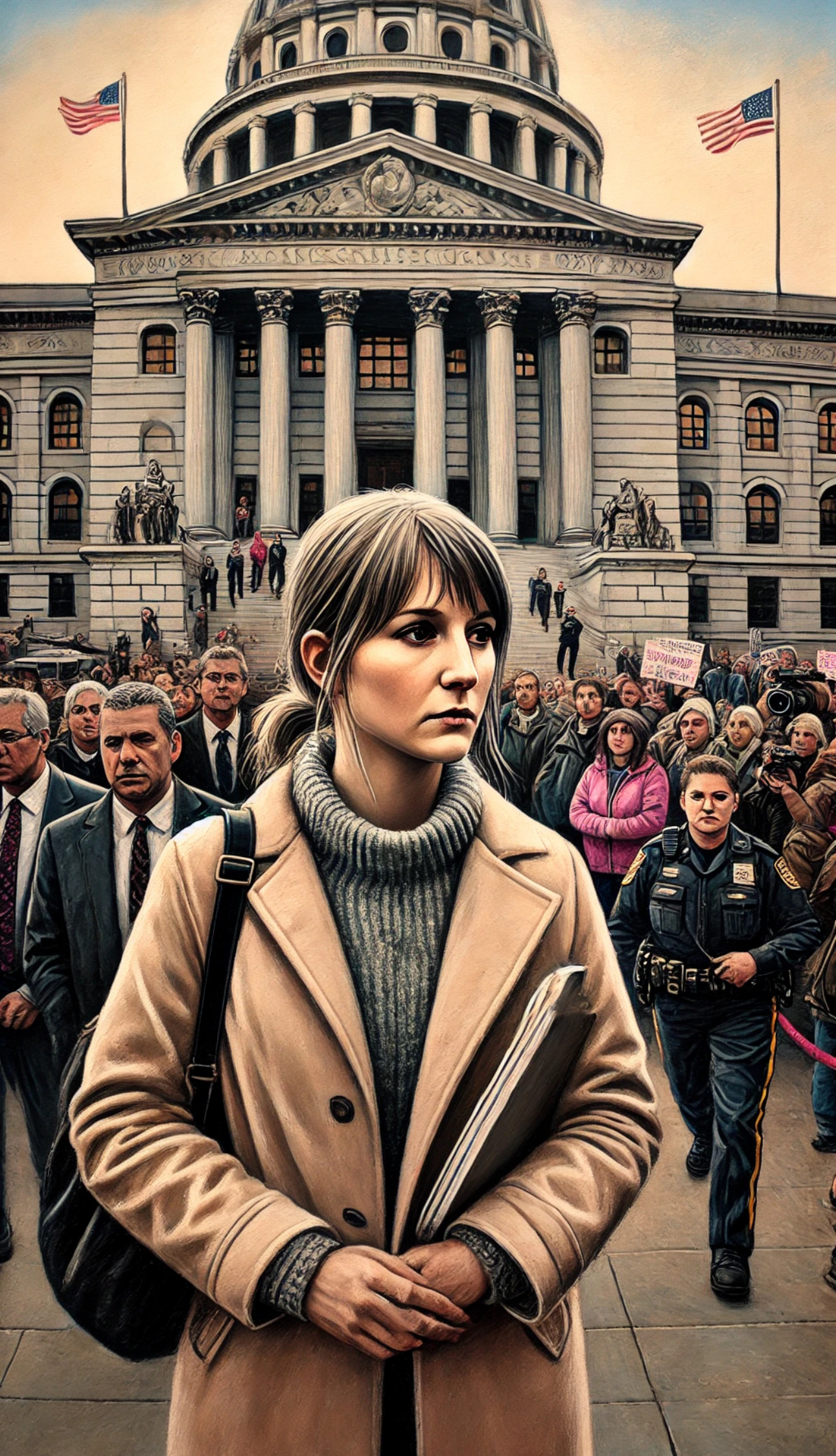 Woman walking out of courthouse