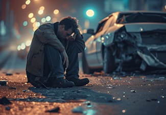 A desperate man sits on the asphalt against the background of a crashed car