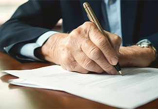 Senior old man examining and signing last will