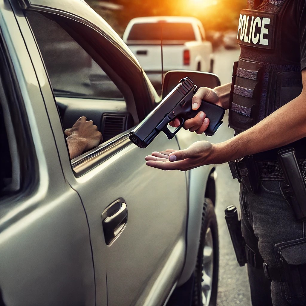 police officer during a traffic stop, standing beside a car with the driver's window down.