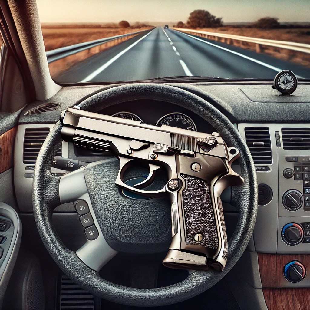 handgun resting on the dashboard 